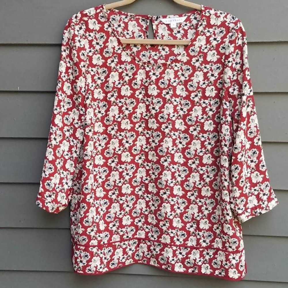 Down East Red Floral Poly Peasant Top Size Medium